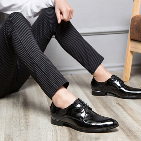 Santimon Men's US 9.5 - 12 Black Patent Leather Lace Up Derby Pointed Toe Shoes - Picture 9 of 10